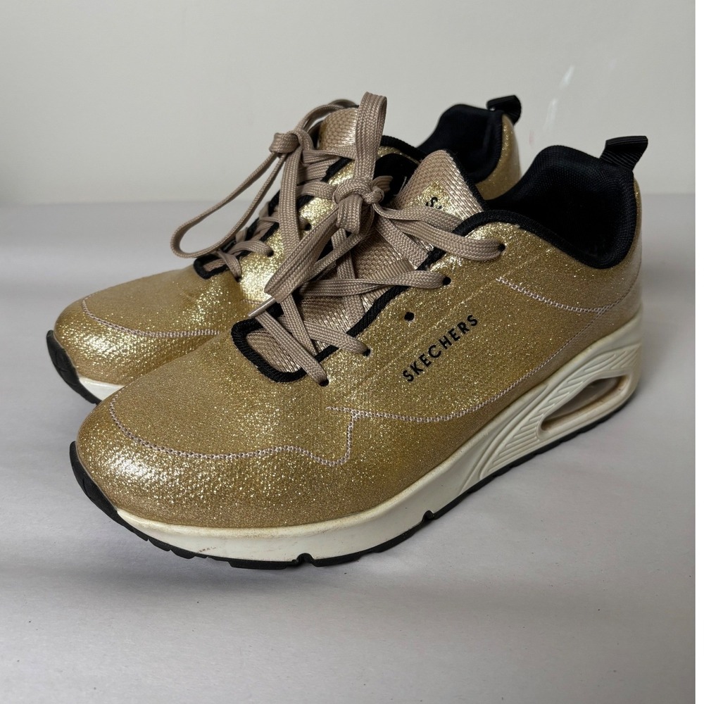 Skechers Womens Uno Diamond Shatter Sneakers 8 Gold Glitter Metallic Memory Foam